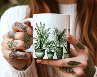Boho Indoor Plants Stencil Green & White Mug // 11oz Accent Mug // Botanical Print, Bohemian by BohoAli