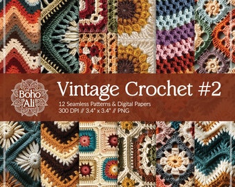 Boho Vintage Crochet Texture Seamless Patterns #2, Digital Papers, Granny Square Chevron Retro Blanket Download for Scrapbooking & Print