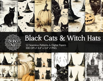 Boho Vintage Halloween Black Cats and Witch Hats Seamless Patterns, Digital Papers, Spooky Sketch Download for Scrapbooking & Print