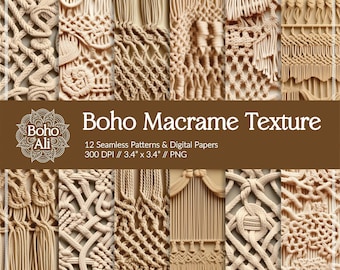 Boho Macrame Texture Seamless Patterns, Digital Papers, Crochet Knit Download for Scrapbooking & Print