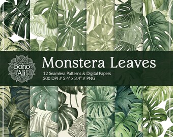 Monstera Leaves Plant Seamless Patterns, Digital Papers, Botanical Leaves Download for Scrapbooking & Print