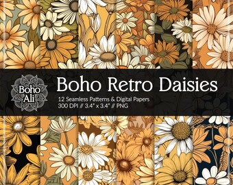 Boho Retro Daisies Seamless Patterns, Digital Papers, Vintage Floral Download for Scrapbooking & Print