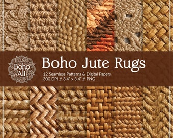 Boho Jute Rugs Texture Seamless Patterns, Digital Papers, Natural Woven Hemp Download for Scrapbooking & Print