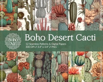 Boho Desert Cacti Seamless Patterns, Digital Papers, Botanical Desert Download for Scrapbooking & Print