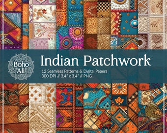 Boho Indian Patchwork Texture Seamless Patterns, Digital Papers, Hindu Kantha Sari Embroidery Quilt Download for Scrapbooking & Print