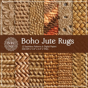 Puede incluir: Doce patrones sin costuras de texturas de alfombras de yute en varios tejidos y colores. Los patrones son de 3,4 pulgadas por 3,4 pulgadas y 300 DPI. Boho Ali es una marca.