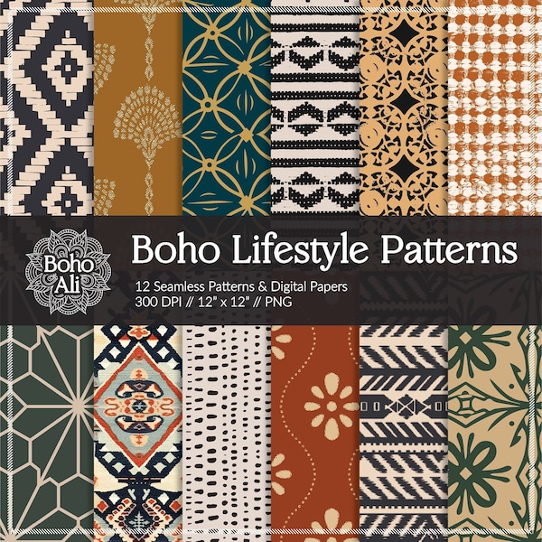 Boho Lifestyle Seamless Patterns, Digital Papers, Tribal Geometric Moroccan Download for Fabric, Scrapbooking & Print