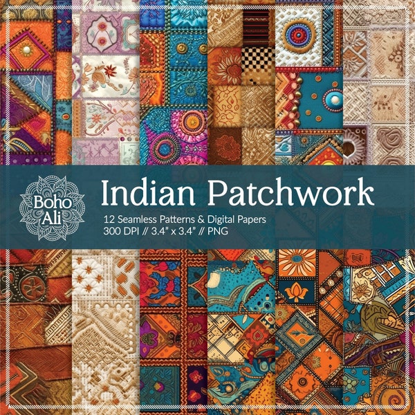 Patchwork indien bohème, motifs sans couture, papiers numériques, broderie kantha sari hindou, téléchargement pour scrapbooking et impression