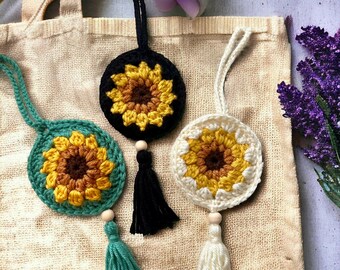 Boho Sunflower Crochet Pouch Keychain, Ornament, Bag Accessory for Lavender, Crystals, AirPods to use in Home, Car Freshener, Office, Travel