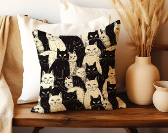 Funky Boho Cats Black and Ivory Sketch Faux Suede Square Pillow Case