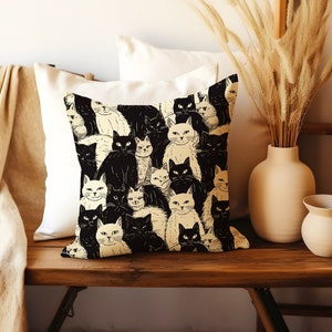 Funky Boho Cats Black and Ivory Sketch Faux Suede Square Pillow Case