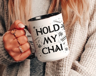 Boho Hold My Chai Stencil Two-Tone Black and White Mug // 11oz Accent Mug // Funny Tea-Lover Bohemian Gift by BohoAli