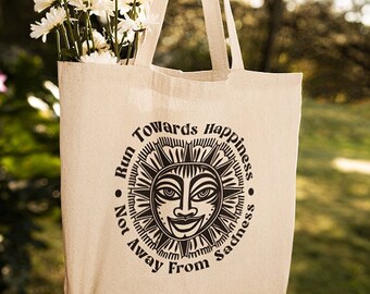 Boho Sun Run Towards Happiness Cotton Canvas Tote Bag - Cute Gift Idea! Natural Color and Black Print