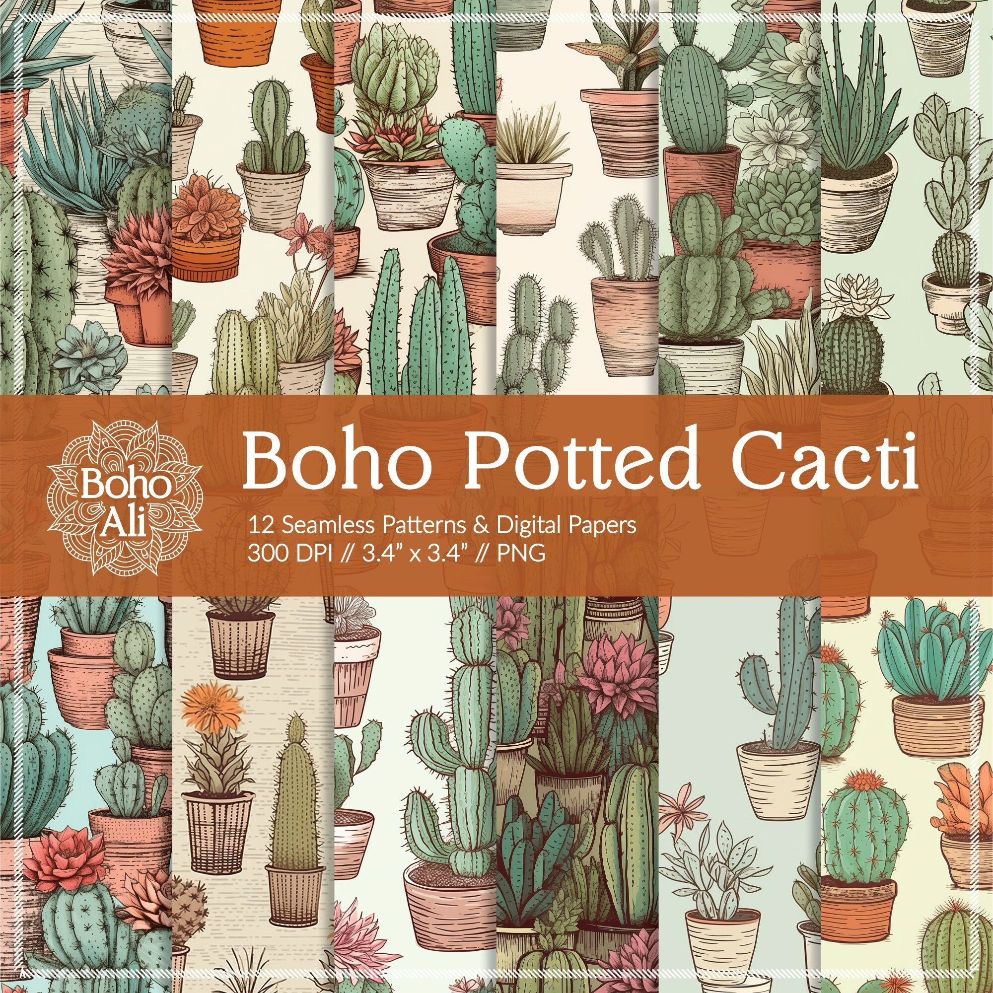 Boho Potted Cactus Plant Seamless Patterns, Digital Papers, Botanical Cacti Download for Scrapbooking & Print