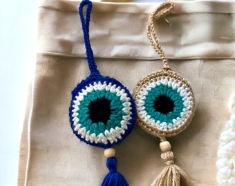 Boho Evil Eye Crochet Pouch Keychain, Ornament, Bag Accessory for Lavender, Crystals, AirPods to use in Home, Car Freshener, Office, Travel