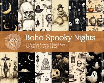 Boho Vintage Halloween Spooky Nights Seamless Patterns, Digital Papers, Sketch Download for Scrapbooking & Print