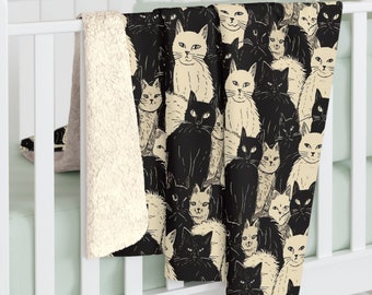 Boho Funky Black and Ivory Cats Sketch Sherpa Fleece Blanket