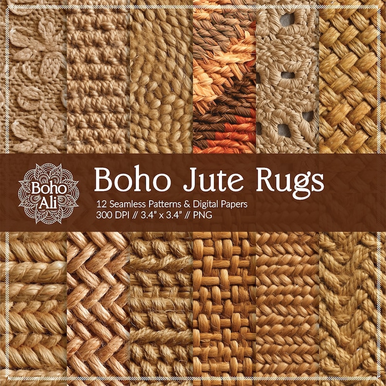 Boho Jute Rugs Texture Seamless Patterns, Digital Papers, Natural Woven ...
