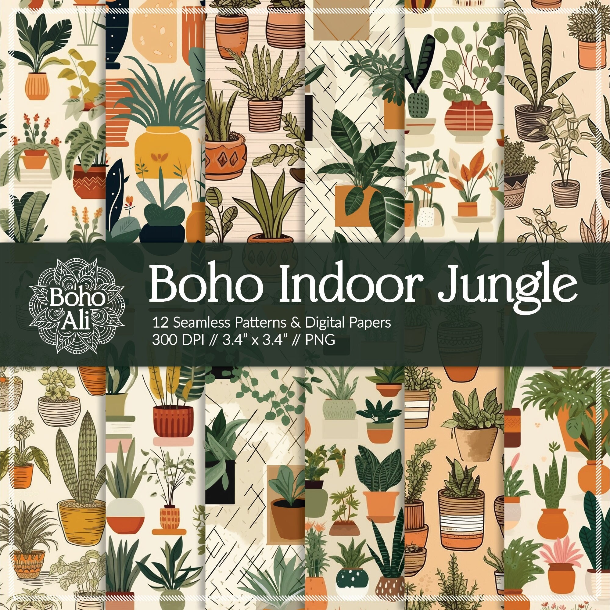 Boho Indoor Plant Seamless Patterns, Digital Papers, Botanical Houseplant Download for Scrapbooking & Print