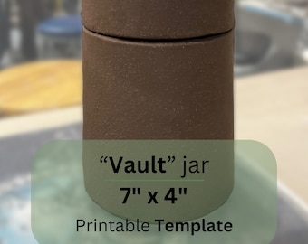 Może przedstawiać: Brązowy ceramiczny dzbanek z etykietą "Vault" jar 7" x 4" Printable Template.