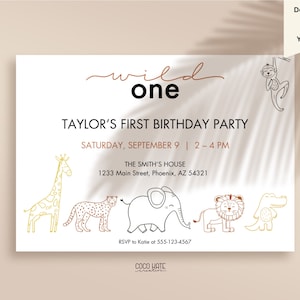 Wild One: Editable Animal Theme First Birthday Party Invitation