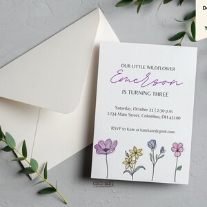 Wildflower Birthday Party Invitation - Digital Download Wildflower Invite Template