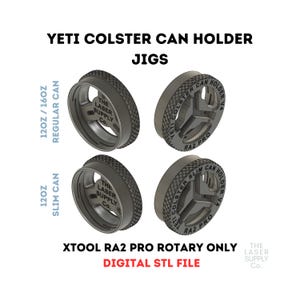 Puede incluir: Cuatro diseños de plantillas impresas en 3D para un soporte de latas Yeti Colster. Las plantillas están etiquetadas como "Yeti Colster Can Holder V4 RA2 Pro" y "Yeti Colster Slim Can Holder V4 RA2 Pro". Las plantillas están diseñadas para usarse con una herramienta rotatoria Xtool RA2 Pro. El texto "The Laser Supply Co." está impreso en cada plantilla.