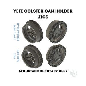 Puede incluir: Dos diseños de plantillas impresas en 3D para un soporte de latas Yeti Colster. Las plantillas están diseñadas para usarse con un accesorio rotatorio Atomstack R1. Una plantilla es para una lata regular de 12 oz y la otra para una lata delgada de 12 oz. Las plantillas están impresas con el texto "Yeti Colster Can Holder" y "Atomstack R1".