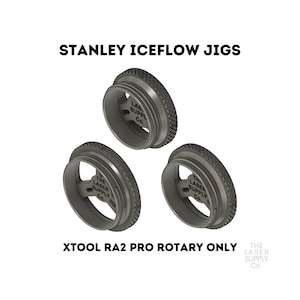 Puede incluir: Tres plantillas de plástico negro para herramientas rotativas Stanley Iceflow. Las plantillas están etiquetadas con "The Laser Supply Co."