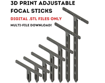 May include: Set of 3D printable adjustable focal sticks for photography. The sticks are designed to be printed in different lengths, ranging from 85-100mm to 270-650mm. The digital STL files are available for download.