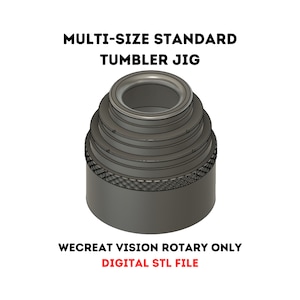 May include: A black 3D printed multi-size standard tumbler jig for rotary tumblers.  The jig has a threaded base and a series of concentric rings.  WECREAT VISION ROTARY ONLY DIGITAL STL FILE.