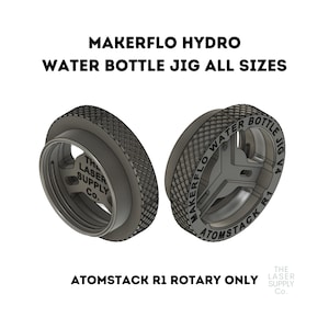 May include: A black plastic jig for making water bottles. The jig is labeled "Makerflo Water Bottle Jig V4 Atomstack R1" and "The Laser Supply Co."