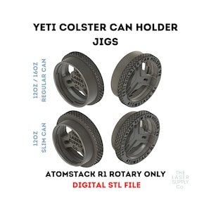 以下が含まれることがあります： 3Dプリントされたイエティ コルスター缶ホルダー ジグのデジタル STL ファイル。355mlのスリム缶と355ml/473mlのレギュラー缶に対応。このジグは、Atomstack R1ロータリーで使用するために設計されています。デザインには、「Yeti Colster Can Holder」と「Atomstack R1」のテキストが含まれています。