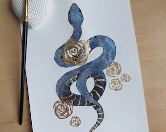 Watercolor snake with flowers and gold ornaments