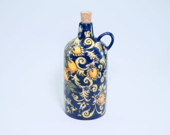 Blue Oil Bottle,  Lemon Patterned Oil Container, Amalfi Coast Kitchen Bottle, Unique Italian Style Ceramic, Handmade Vinegar Cruet