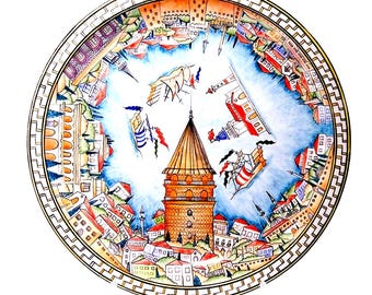 Prato de cerâmica turco feito à mão: Arte de parede com tema de Istambul (32 cm)
