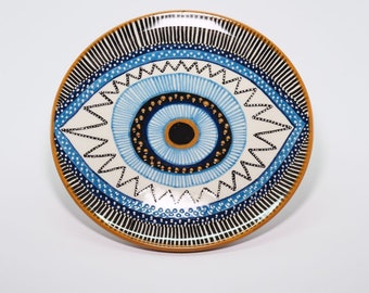 Evil Eye Plate, Blue Serving Plate, Turkish Handmade Pottery Plate, Dessert Plate, Rustic Snack Plate, Side Dish Plate, Unique Dinner Plate