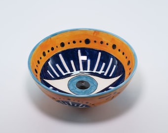 Keramik gelbe Pasta Schüssel, Evil Eye türkische Keramik Schüssel, Keramik Obstschale, handgemachte rustikale Schüssel, einzigartige Salatschüssel, große Suppenschüssel