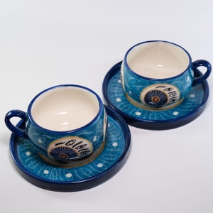 Handgjord blå keramikkopp: Evil Eye keramisk latteglas
