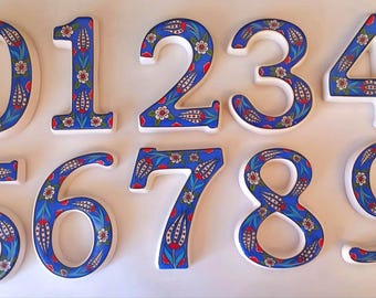 Blue Ceramic House Number Tile: Handmade Turkish Tulip Design Door Numbers