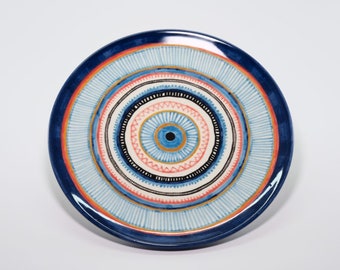 Colorful Dessert Plate, Handmade Dinner Plate, Unique Serving Plate, Boho Style Pottery Plate, Turkish Evil Eye Plate