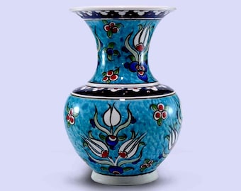 Blue Ceramic Vase: Handmade Turkish Pottery, Tulip Pattern