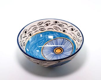 Handmade Evil Eye Ceramic Pasta Bow:Hand-Painted Turkish Salad Serving Bowl