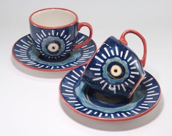 Handmade Evil Eye Pottery Cup: Blue Ceramic Espresso, Cappuccino Tumbler