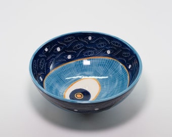Evil Eye Keramikschüssel, Blaue Snackschüssel, Türkische Handgemachte Keramikschüssel, Blaue Obstschüssel, Gemusterte Servierplatte, Blaue Suppenschüssel, Boho Chips