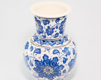 Handmade Turkish Pottery Vase: Blue & Gold Lotus Ceramic Centerpiece