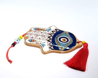 Evil Eye Hamsa Ceramic Wall Hanging: Turkish Decor, Protection Gift