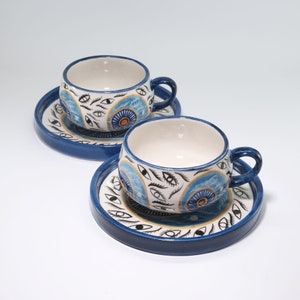 Evil Eye Ceramic Cup, White Handmade Coffee Cup, Japanese Tea Cup, Cute Matcha Cup, Unique Designer Cup With Plate