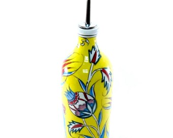 Handmade Ceramic Olive Oil Dispenser: Yellow İznik Floral Kitchen Cruet