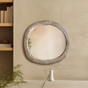 Decorative Concrete Mirror, Round Cement Mirror with Rock Texture, Large Circular Bedroom Mirror image 2